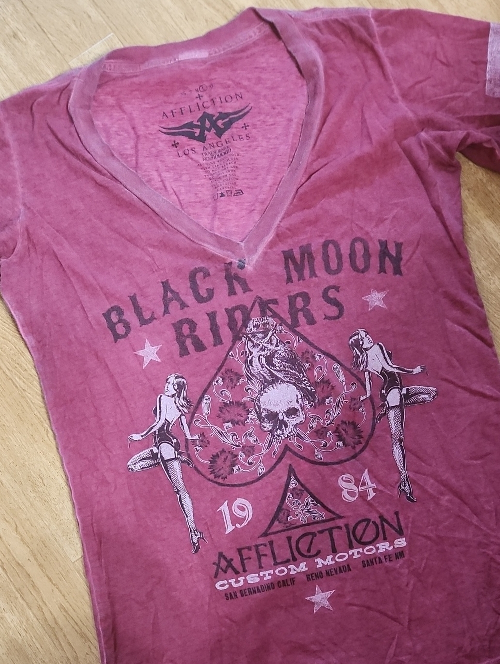 Affliction Dusty Rose V-Neck Graphic Tee - Black Moon Riders